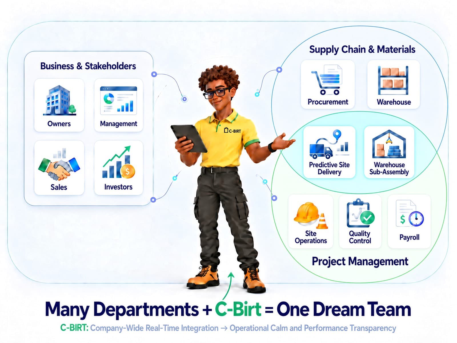 The C-Birt mascot at the center of the C-Birt ecosystem, connecting owners, management, sales, and investors with procurement, warehousing, site operations, quality control, and payroll in real time.